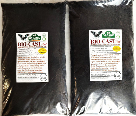 Organic Fertilizer Compost. 2, 5 lb. Bags of BIO-CAST PLUS Organic Fertilizer, Plant Food, Soil Amendment. with Worm Castings, Bio Char and Mychorrizae