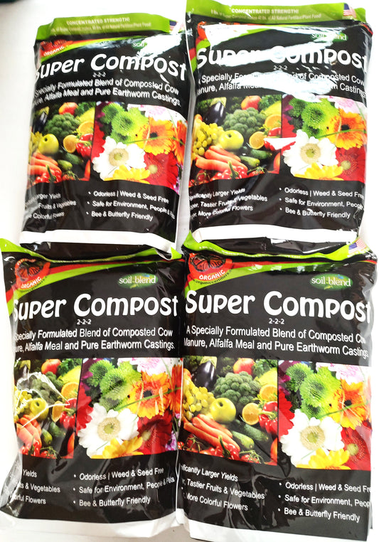 Organic Fertilizer. Organic Compost. 2-2-2. 4 bag pack Super Compost 8 lbs. Concentrated Strength, 1-Bag makes 40 lbs.