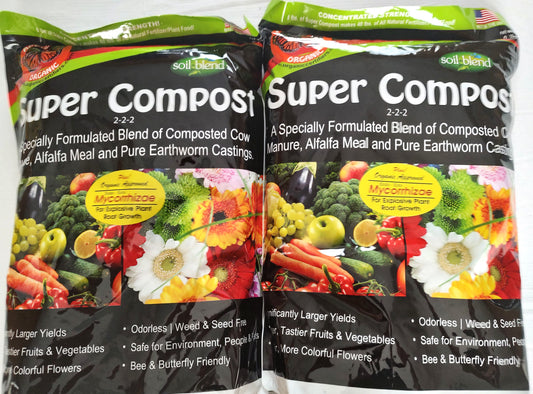 Organic Fertilizer. 2-2-2 Super Compost 8 lbs.  2 bag pack. Endo-Ecto Mycorrhizae added! Concentrated Strength, 2 Bags makes 80 lbs.