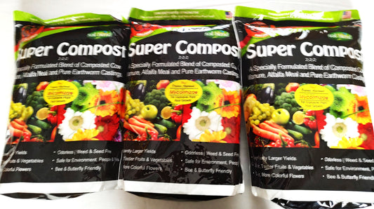 Organic Fertilizer. 3 bag pack Super Compost 8 lbs. with Endo-Ecto Mycorrhizae. Concentrated Strength, 1-Bag makes 40 lbs.