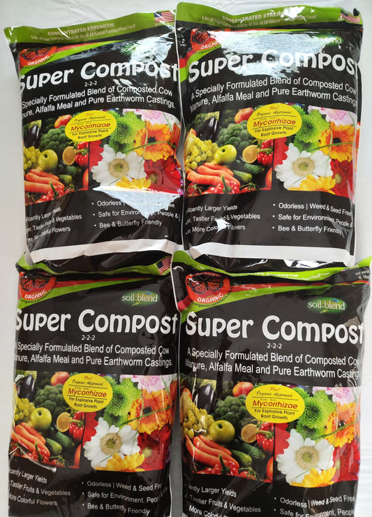 Organic Fertilizer Organic Compost 2-2-2. 4 bag Pack Super Compost with Mycorrhizae! 8 lbs. Concentrated Strength, 1-Bag makes 40 lbs.