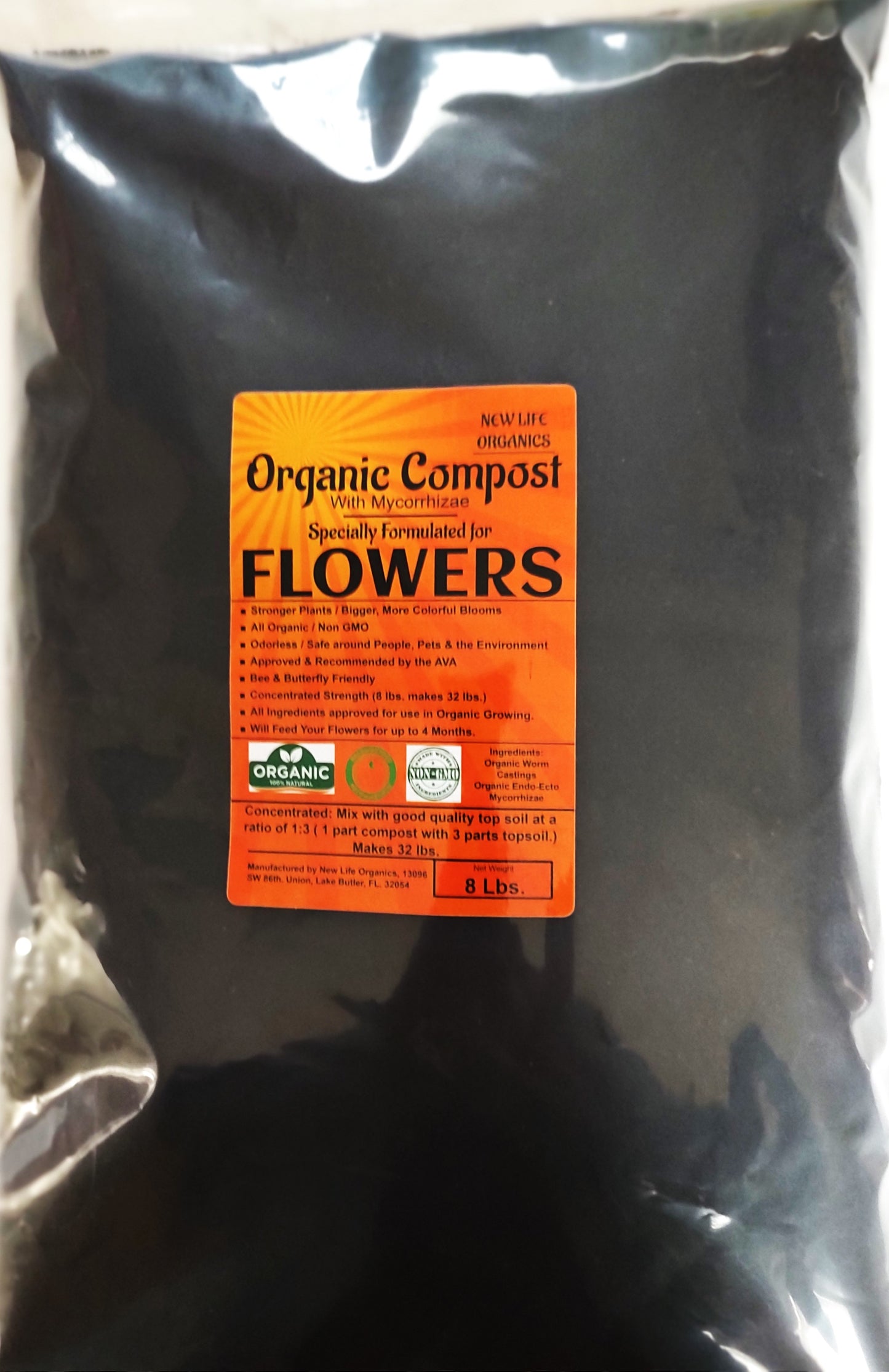 New Life Organic Compost for Flowers. Concentrated Strength. 8 lbs. makes 32 lbs.