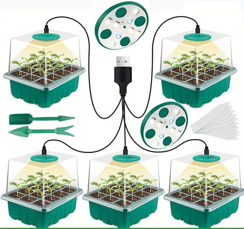 5 Seed Starter Trays with adjustable humidity control and LED grow lights. Includes organic seed starting mix!