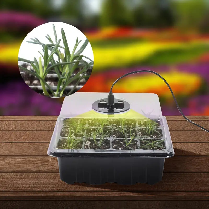 Seed Starting Kit with adjustable humidity control and LED grow light. Also includes seed starter mix!